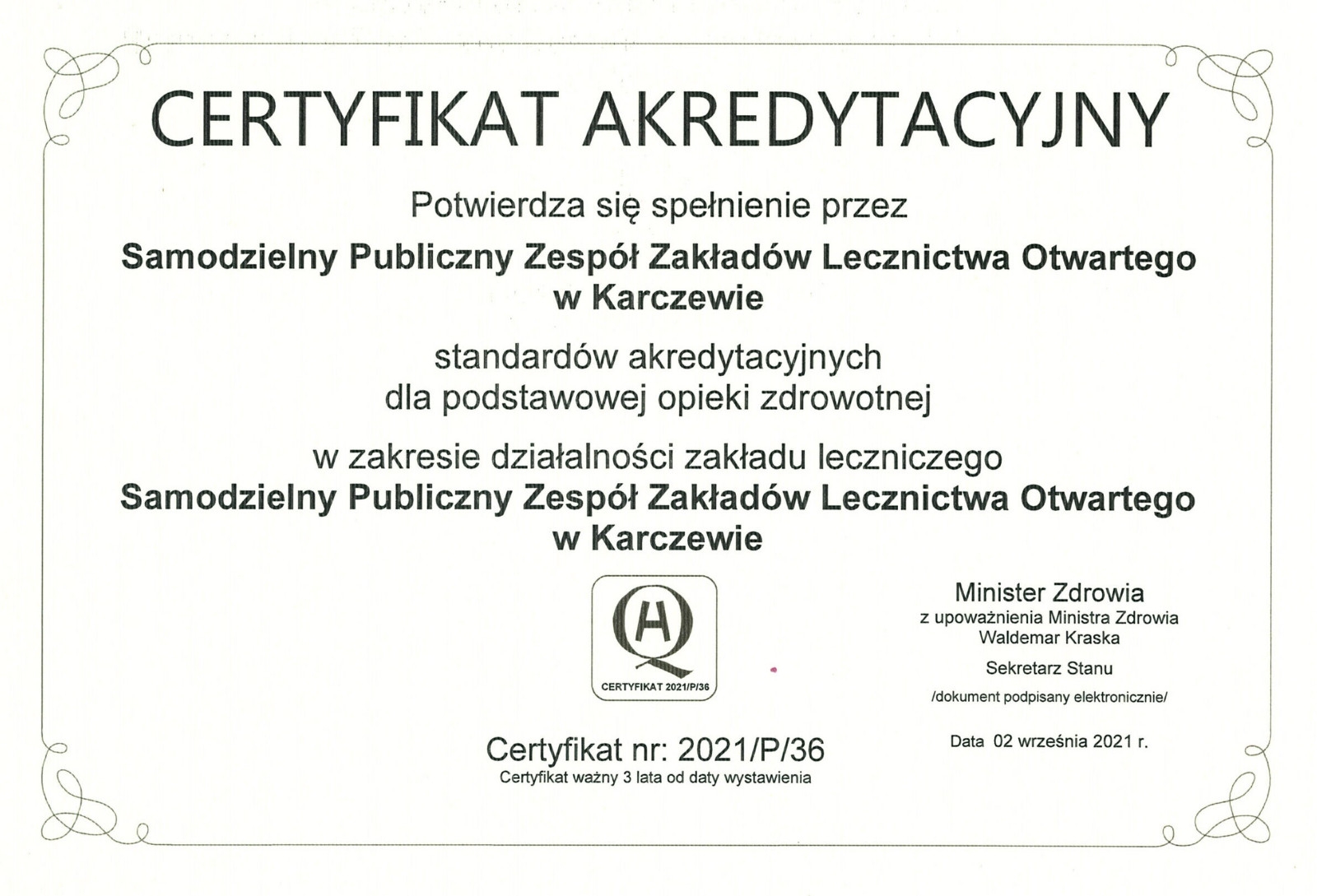 Certyfikat Akredytacyjny Ministra Zdrowia