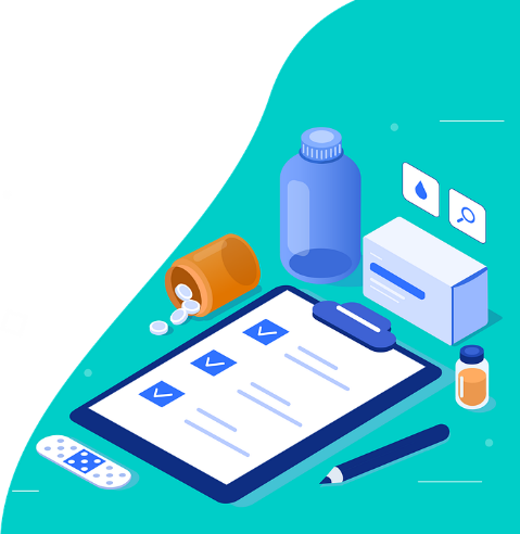 Obrazek na którym są leki, plaster, recepta i ołówek